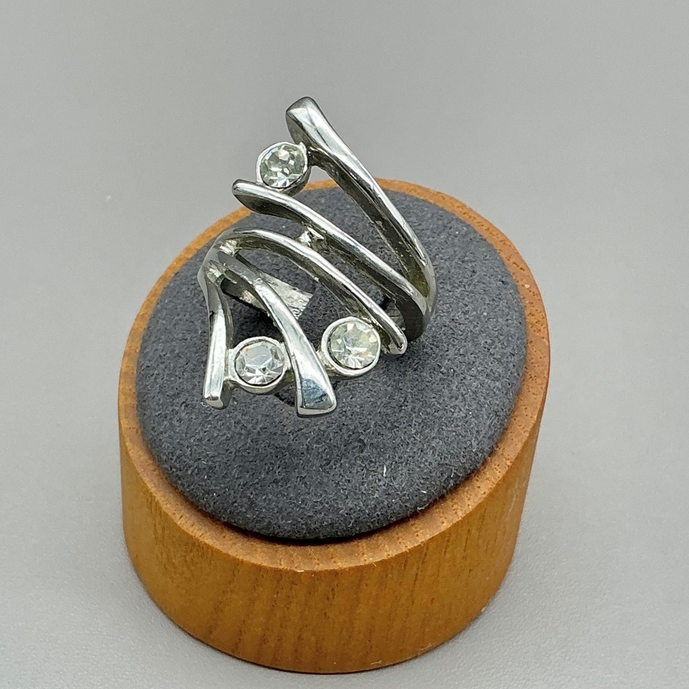 Statement Ring Women Silver Tone Multi Band Asymmetric Rhinestone Size 8